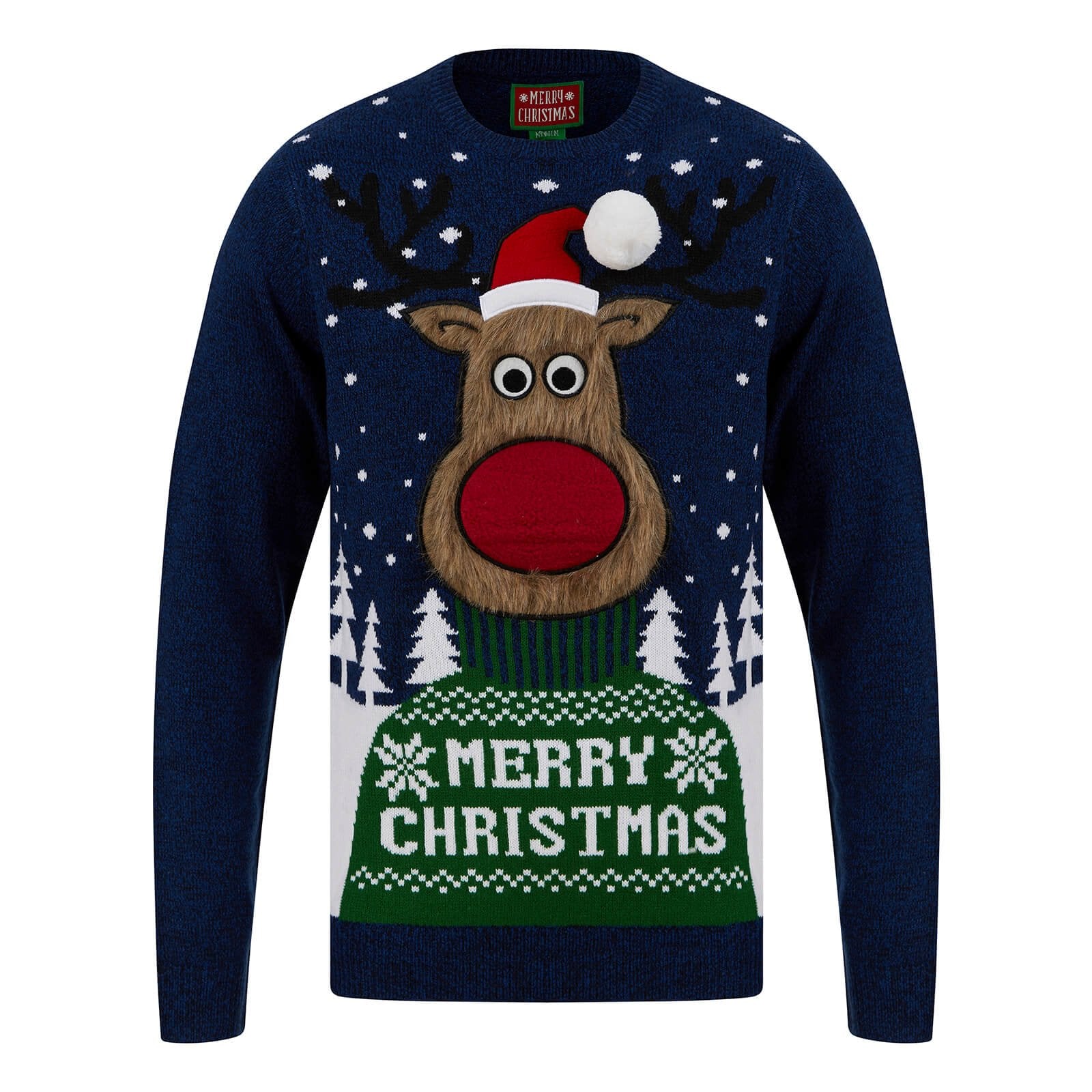 Mr Crimbo Mens Merry Reindeer Fluffy Rudolph Christmas Jumper - MrCrimbo.co.uk -SRG1A17540_F - Ink & Sapphire -Black